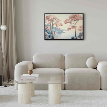 Leinwandbild - Landscape with the Ocean Cliffs and Trees in Delicate Pink Shades Artgeist