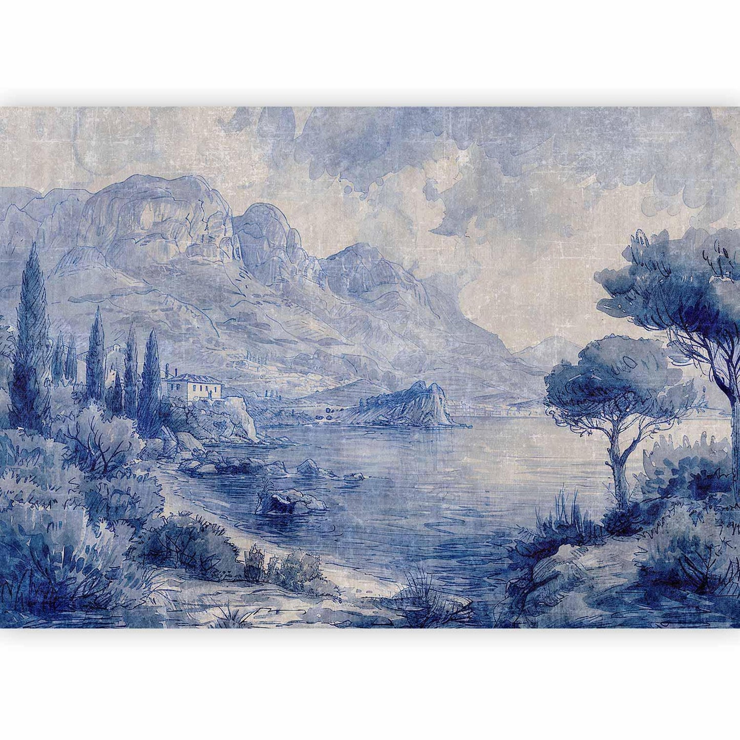 Fototapete - Blue Bay - Italian landscape of Lake Como painted with blue ink