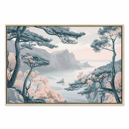Leinwandbild - Mountainous Coast with Trees and Rocks in Light Pastel Blues