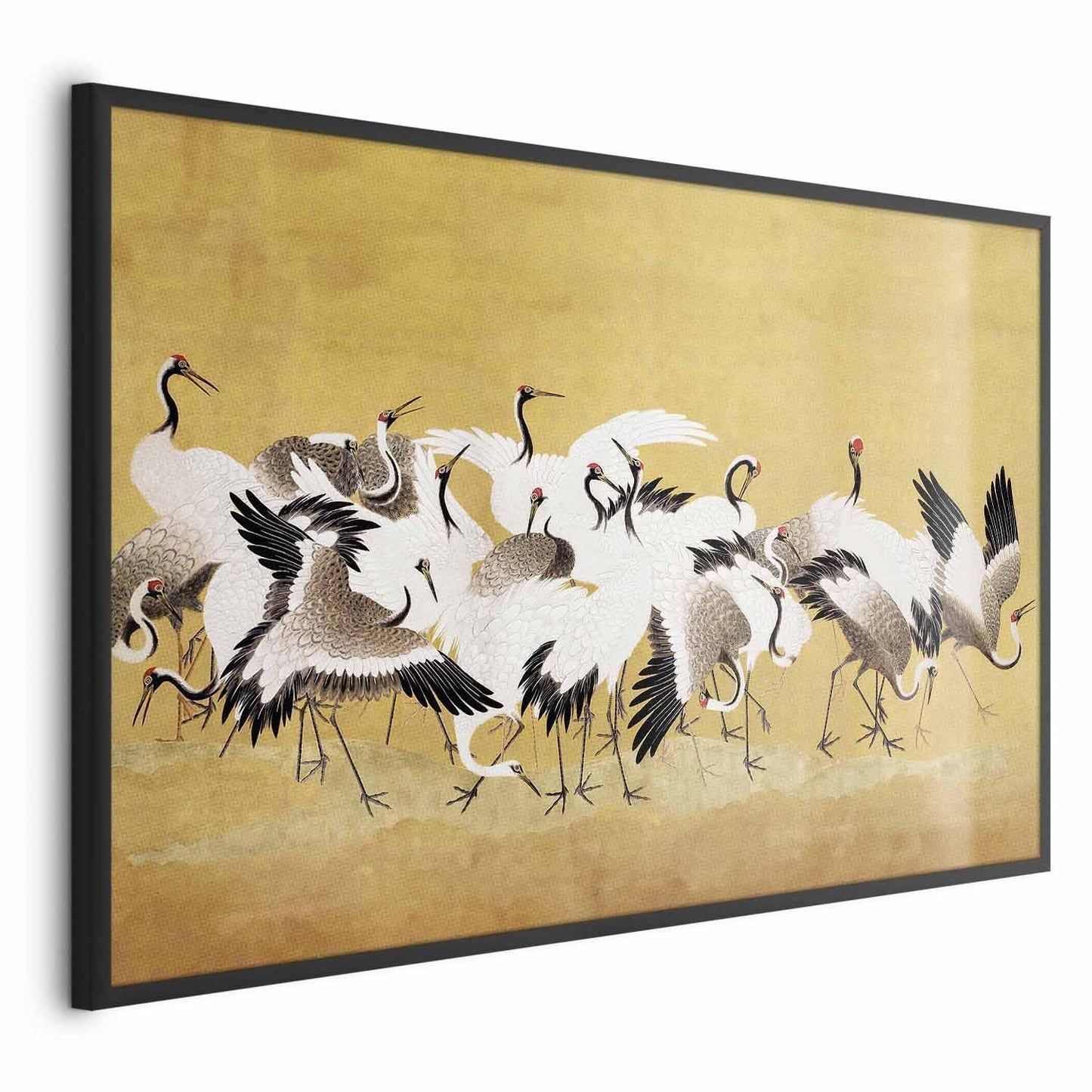 Poster of Japanese cranes against a golden background based on Ishida Yūtei painting.