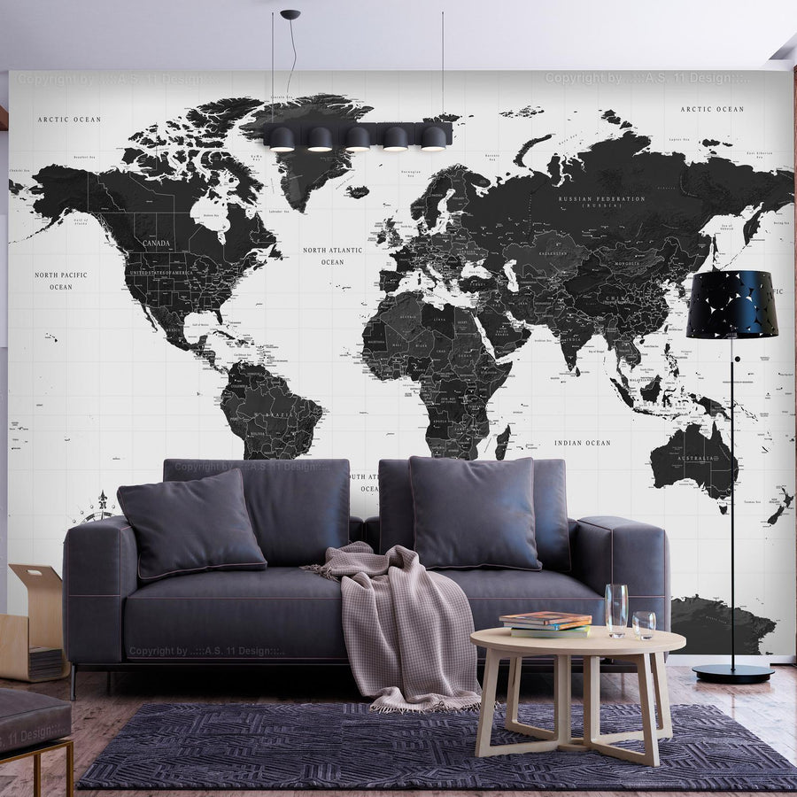 Tapete „Schwarz-Weiß Weltkarte“ – Stilvolle Karte in minimalistischem Design sawelt.eu