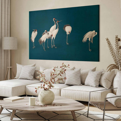 Wandbild XXL - Evening by the pond - a group of cranes drawn in dry pastel on a dark turquoise background