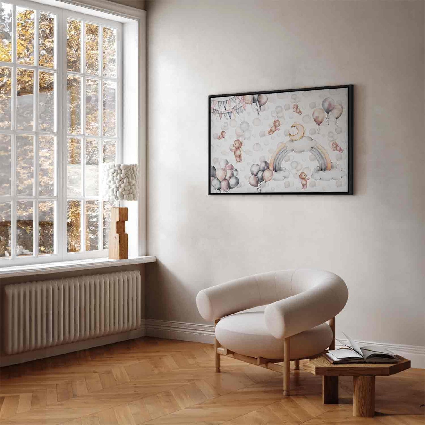 Leinwandbild - Toy Bears with Balloons - Flying Plush Bears Among Balloons Clouds and Rainbows in Subtle Pastel Hues