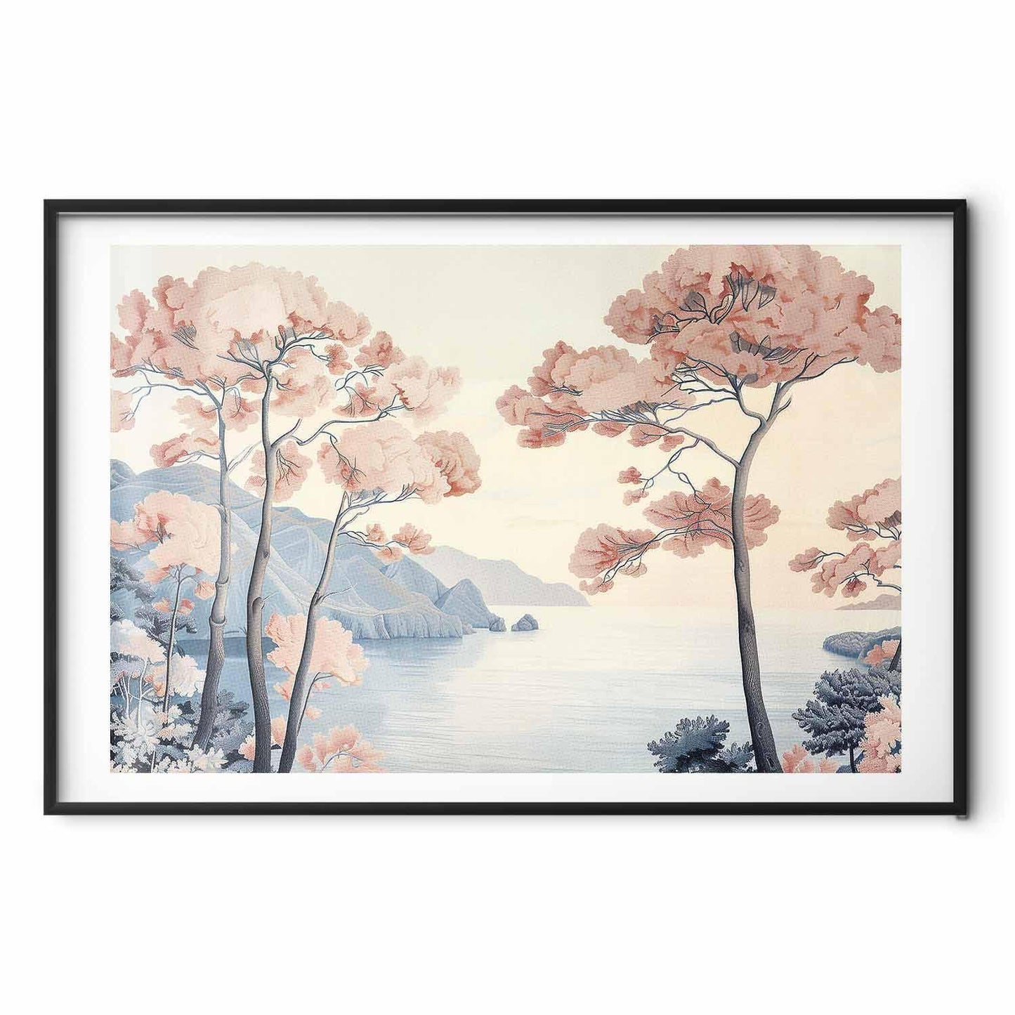 Poster - Ocean Cliffs and Trees Delicate Motif in Pastel Colors