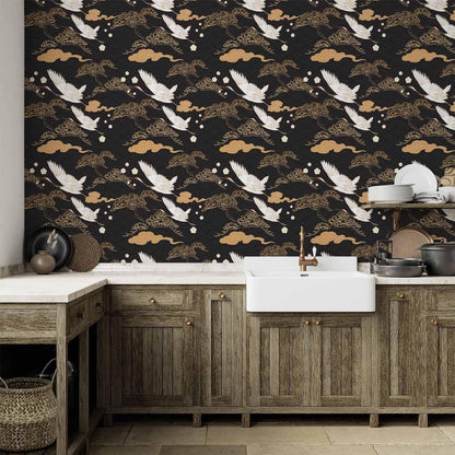 Tapete - Oriental impressions - decorative pattern with a motif of flying cranes on a dark background