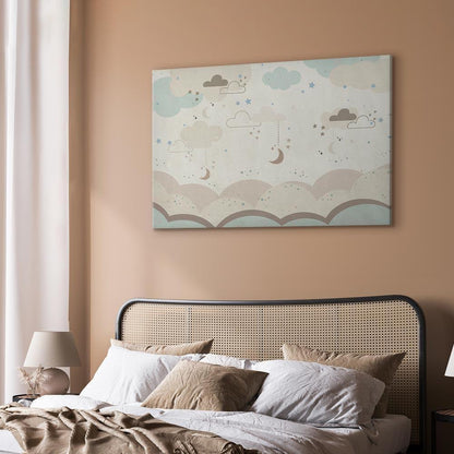 Leinwandbild - Cloudy Night Sky - Moons in Brown and Beige Hues Among Clouds and Numerous Little Stars on a Light Background