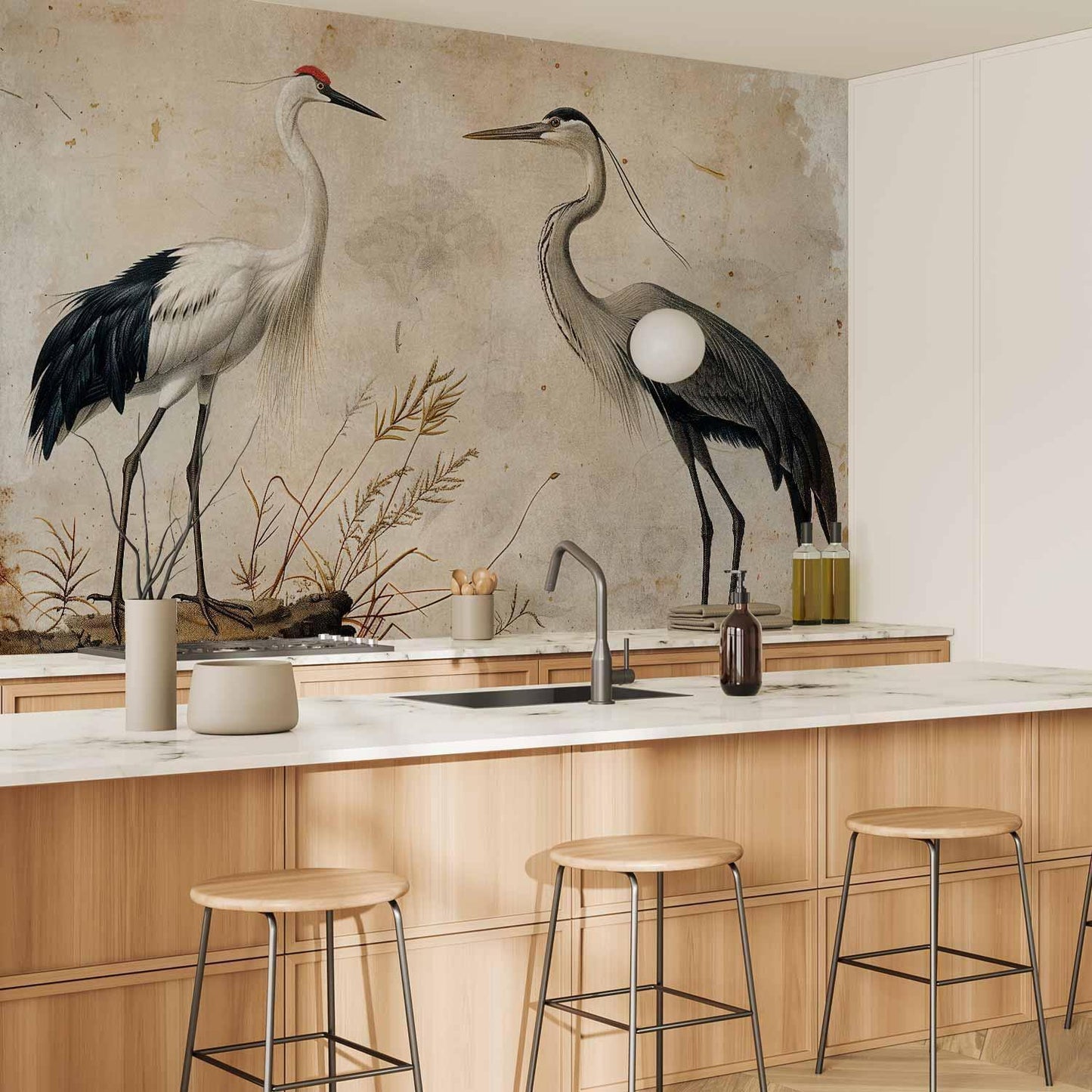 Fototapete Vögel aus altem Stich – Vintage-Illustration mit Reiher und Kranich