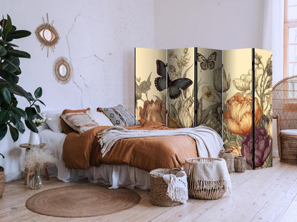 Paravent - Tulips in Cream - Illustration of Flowers and Butterflies on a Light Background Artgeist