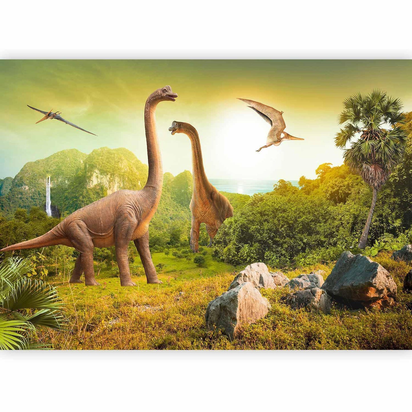 Detailreiche Illustration von Dinosauriern als Wanddeko

