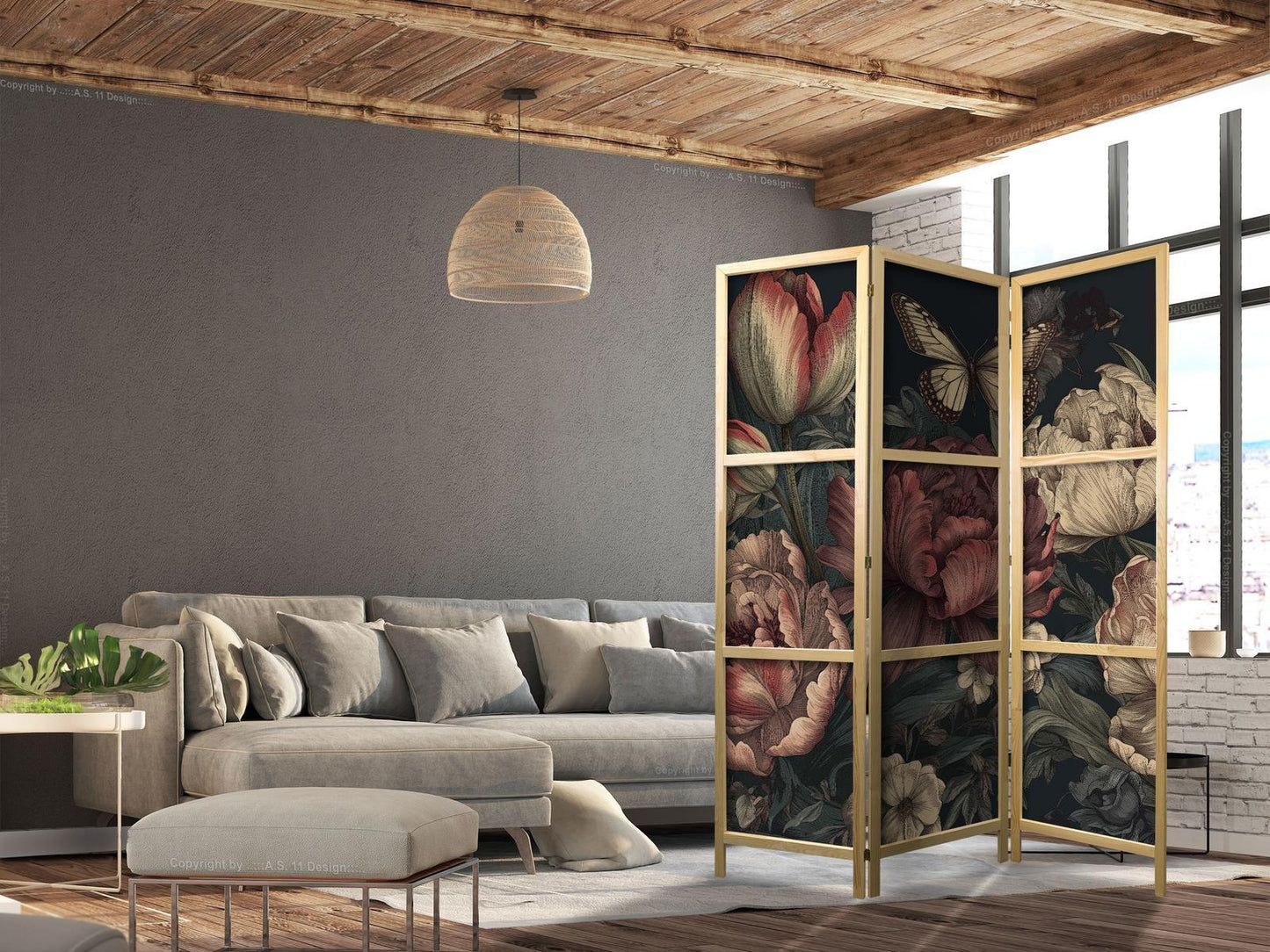 Japanischer Paravent - Floral Illustration - Magnificent Flower Buds on a Turquoise Background