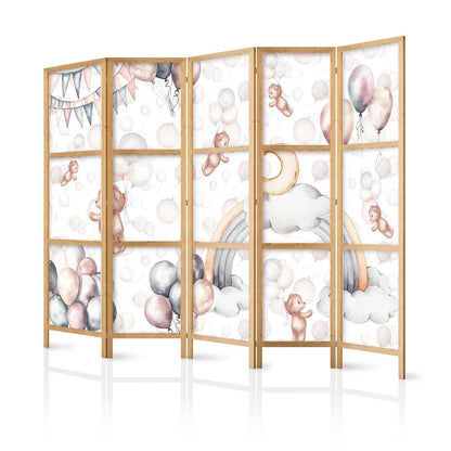 Japanischer Paravent - Plush Bears with Balloons - Flying light-brown bears among balloons - clouds - and rainbows in subdued - pastel colors Artgeist