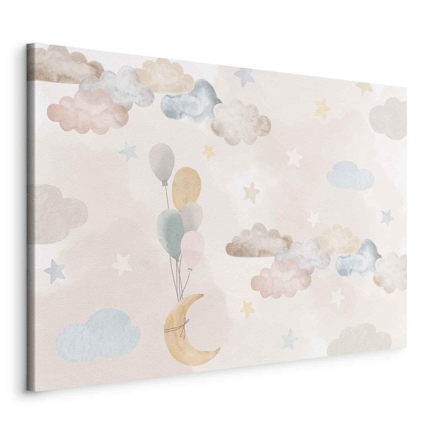 Leinwandbild - Fairy-Tale Moon - Pastel Moon with Balloons Among Colorful Clouds and Stars in Subdued Colors on a Light Background