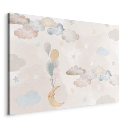 Leinwandbild - Fairy-Tale Moon - Pastel Moon with Balloons Among Colorful Clouds and Stars in Subdued Colors on a Light Background