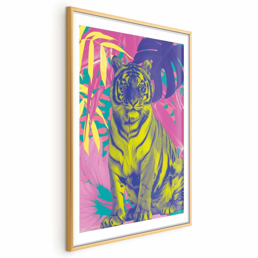 Poster - Colorful Tiger - intense colors of a tiger surrounded by tropical plants Artgeist