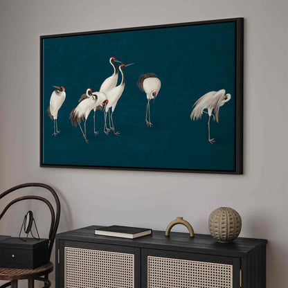 Leinwandbild - Evening by the pond - a group of cranes drawn in dry pastel on a dark turquoise background