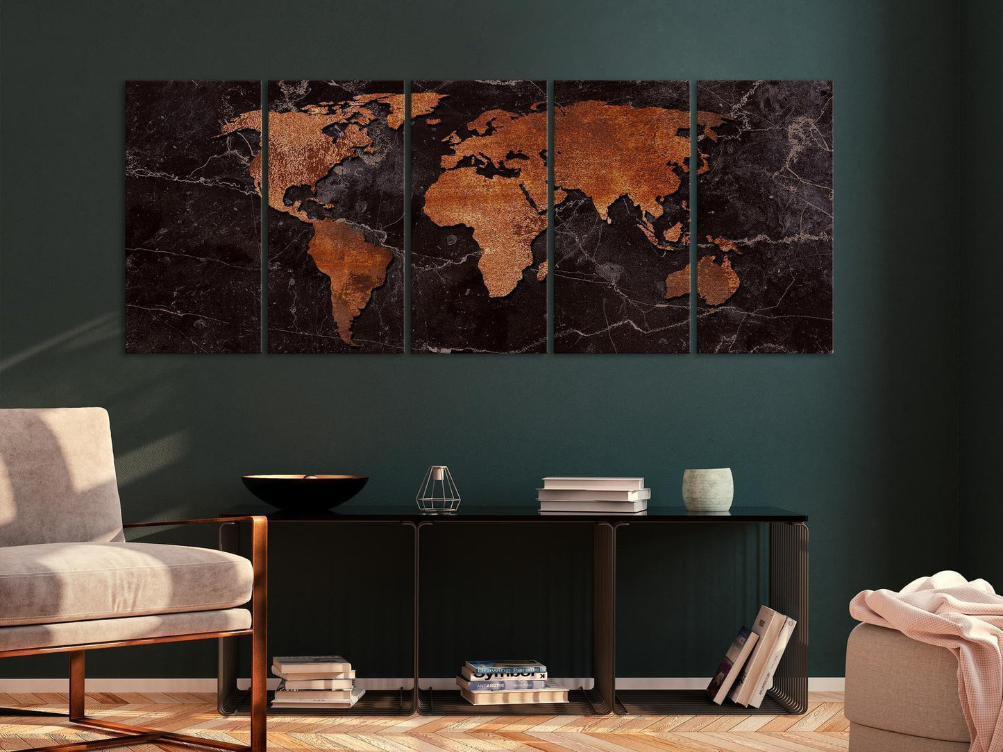 Weltkarte auf Leinwand – 5-teiliges Wandbild in Kupfer-Optik