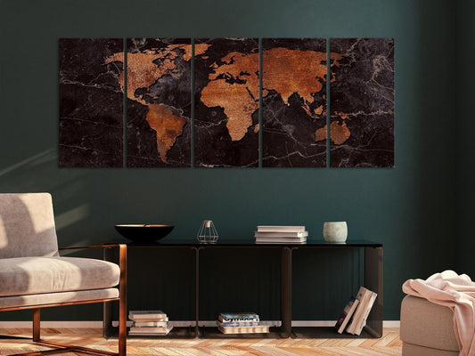 Weltkarte auf Leinwand – 5-teiliges Wandbild in Kupfer-Optik