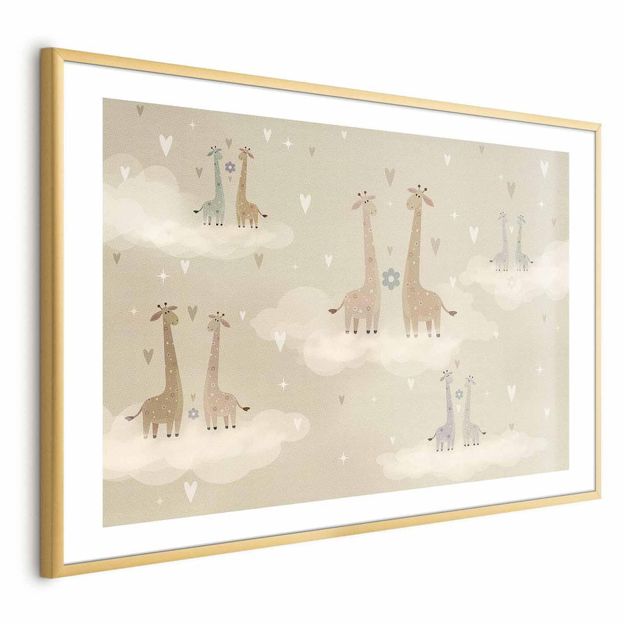 Poster featuring loving giraffes on a cloud background, framed in gold.