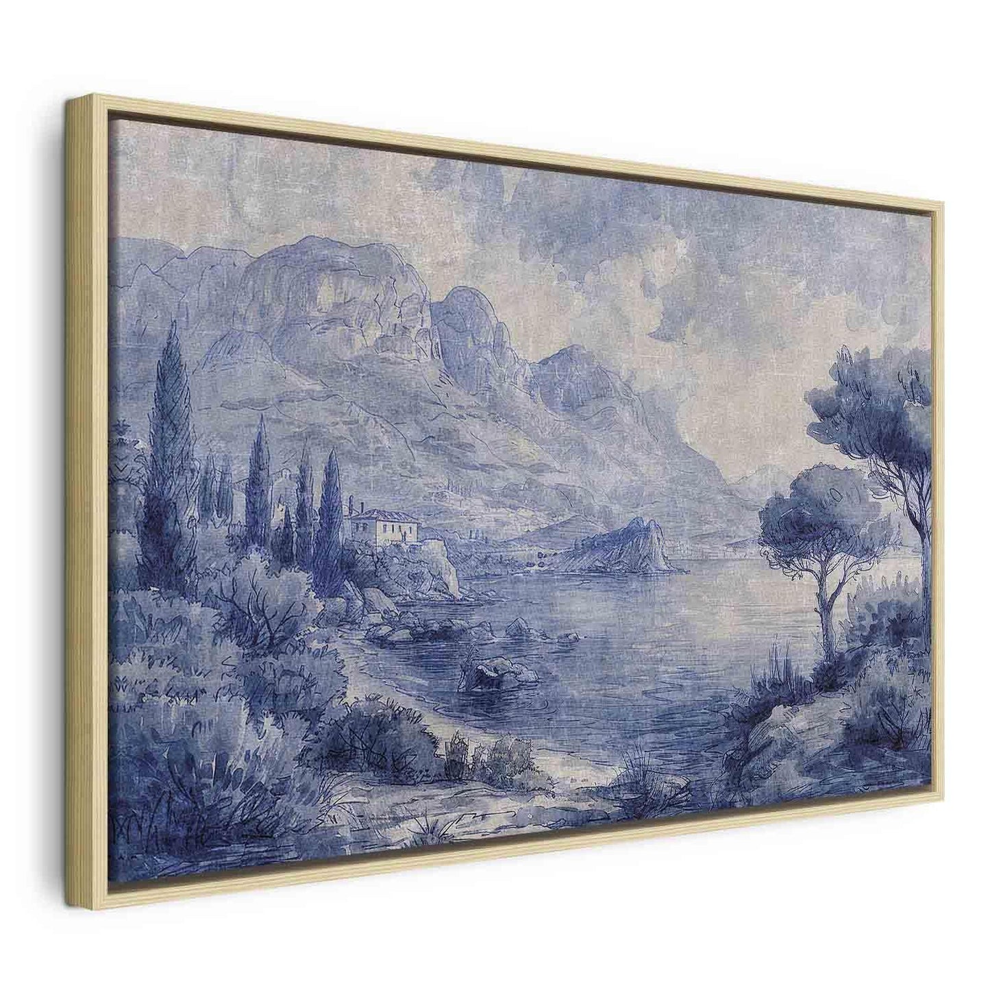 Leinwandbild - Blue Bay - Italian landscape of Lake Como painted with blue ink