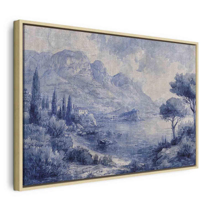 Leinwandbild - Blue Bay - Italian landscape of Lake Como painted with blue ink