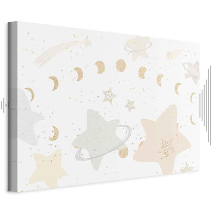 Leinwandbild - Fairy-Tale Galaxy - Phases of the Moon in Yellow Tones Among Stars in Beige and Ash Colors with Stardust