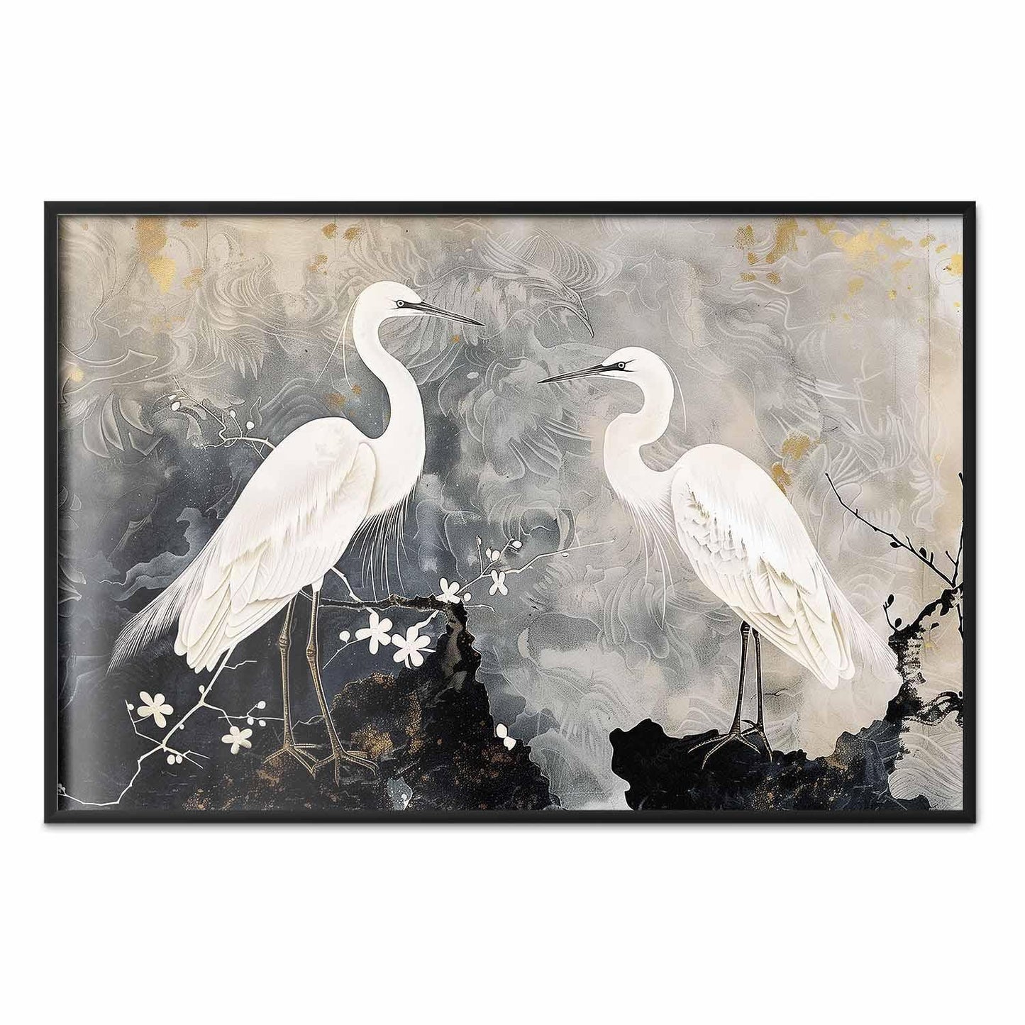 Poster - Herons and Cherry Blossom - oriental-style illustration depicting birds