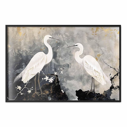 Poster - Herons and Cherry Blossom - oriental-style illustration depicting birds