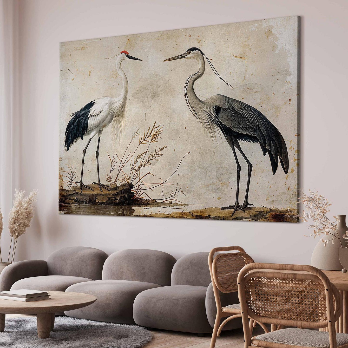 Wandbild XXL - Birds from an old engraving - vintage-style illustration depicting a heron and a crane