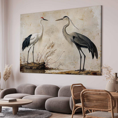 Wandbild XXL - Birds from an old engraving - vintage-style illustration depicting a heron and a crane