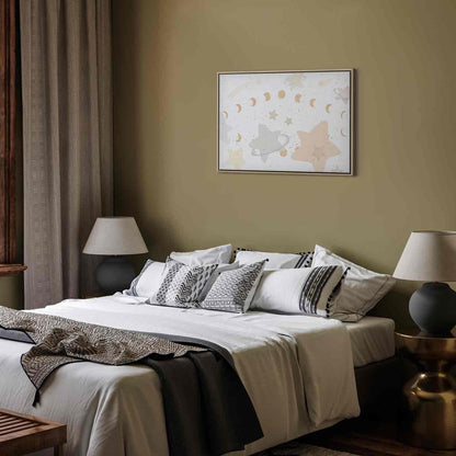 Leinwandbild - Fairy-Tale Galaxy - Phases of the Moon in Yellow Tones Among Stars in Beige and Ash Colors with Stardust