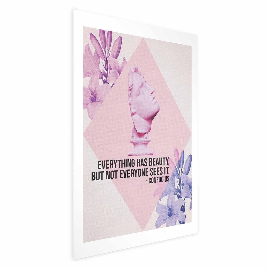 Poster - Confucius on Beauty - a bust in pink with flowers and a quote Artgeist