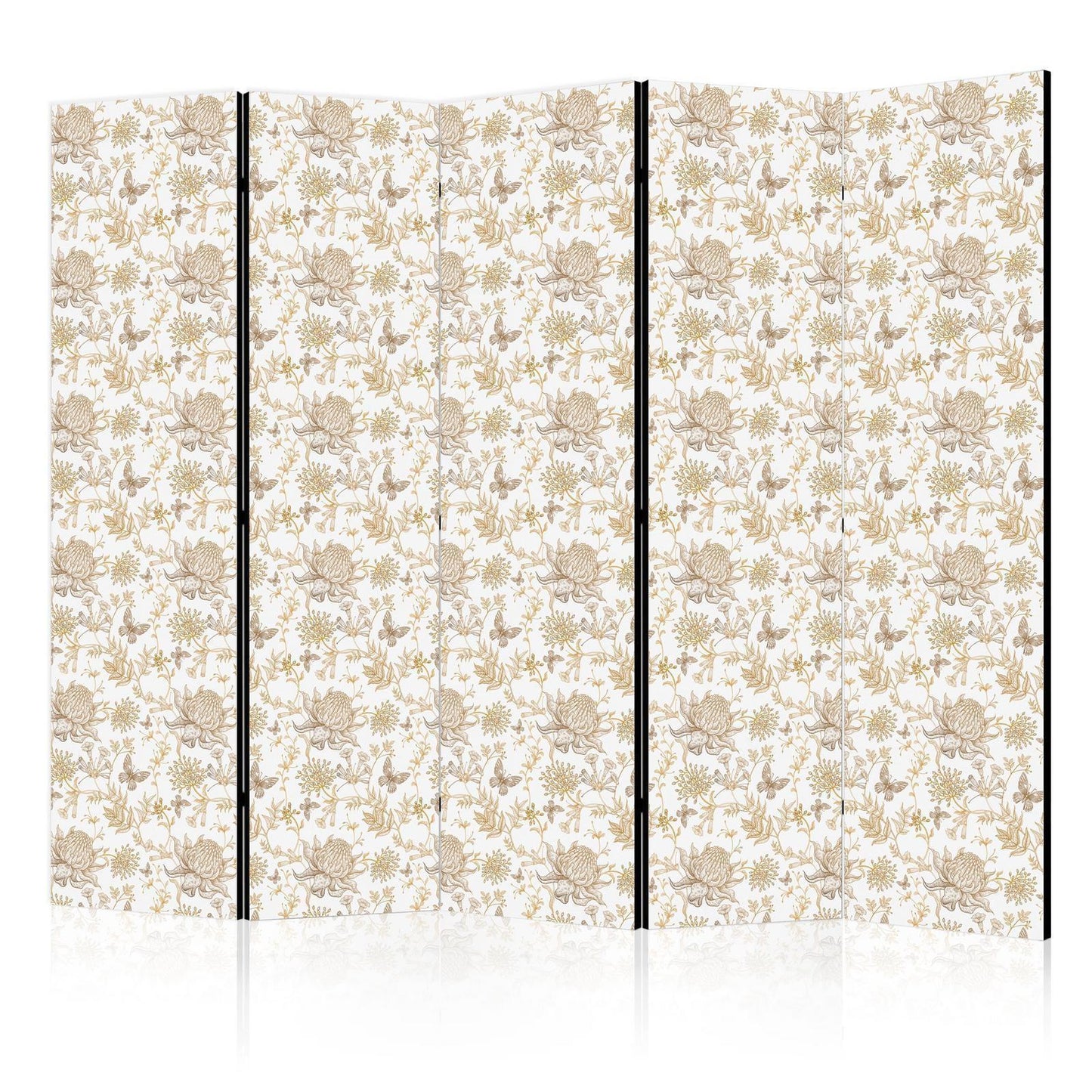 Paravent - Beige Shades of Nature - Flowers and Butterflies on a White Background - Illustration Artgeist
