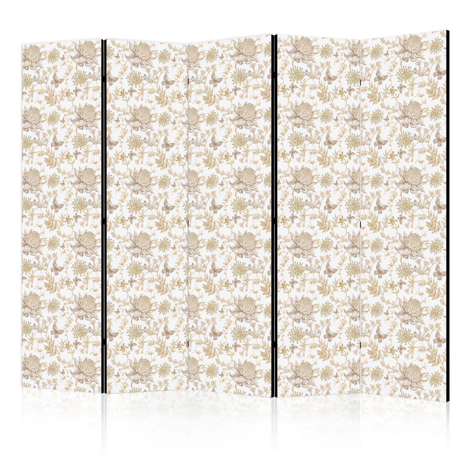 Paravent - Beige Shades of Nature - Flowers and Butterflies on a White Background - Illustration Artgeist