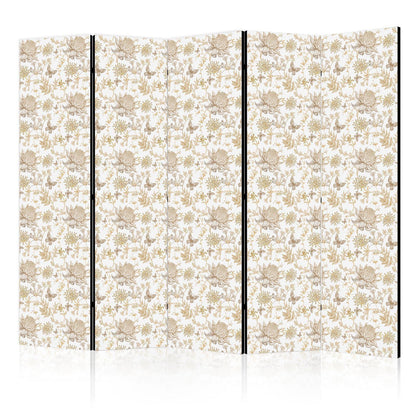 Paravent - Beige Shades of Nature - Flowers and Butterflies on a White Background - Illustration Artgeist