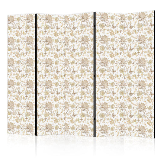 Paravent - Beige Shades of Nature - Flowers and Butterflies on a White Background - Illustration Artgeist