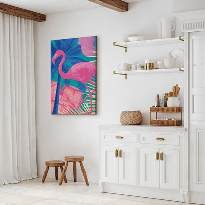 Leinwandbild - Pink Flamingo - Abstract Flamingo Against Palms and Ice Cubes