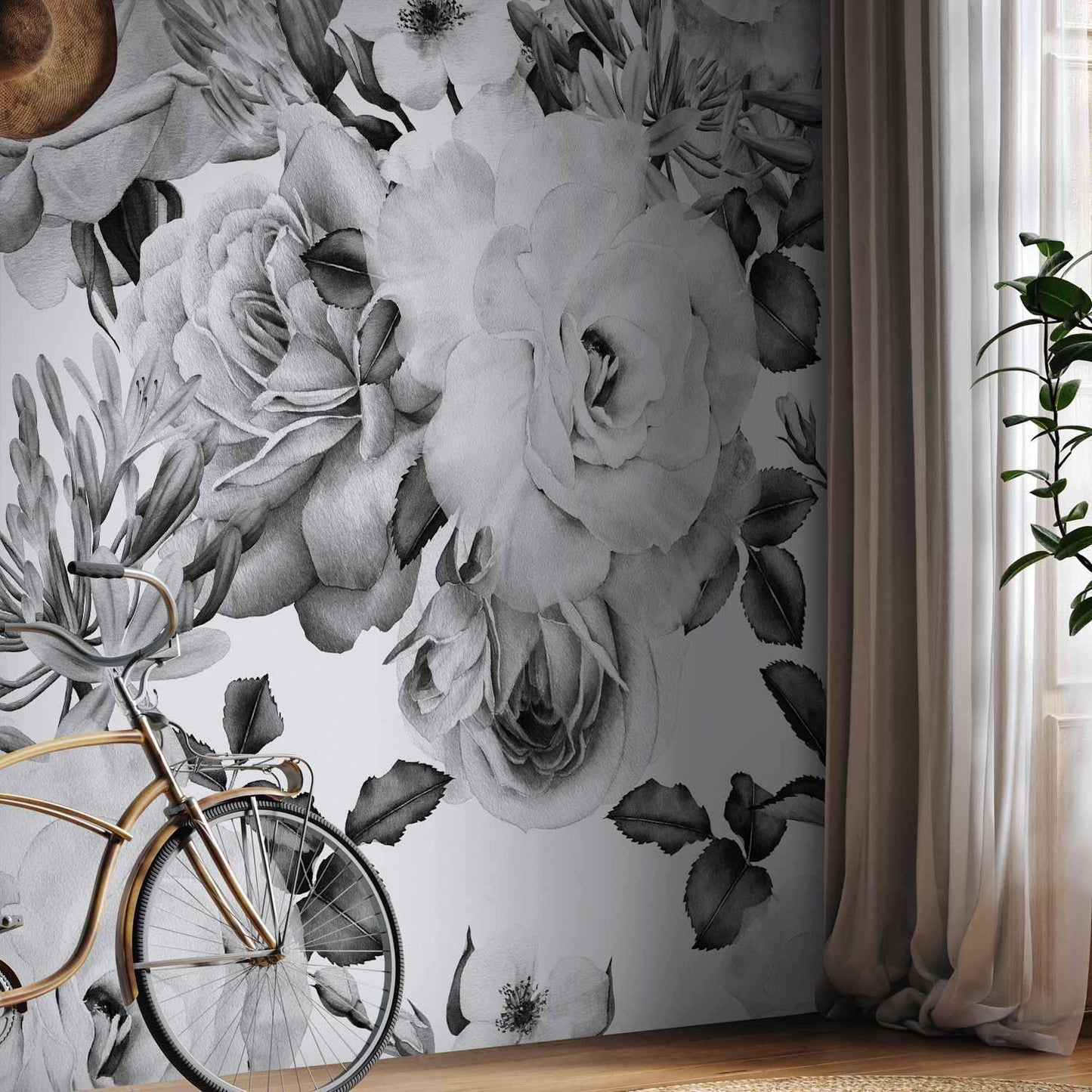 Fototapete Romantischer Garten – Schwarz-Weiß Blumenmuster