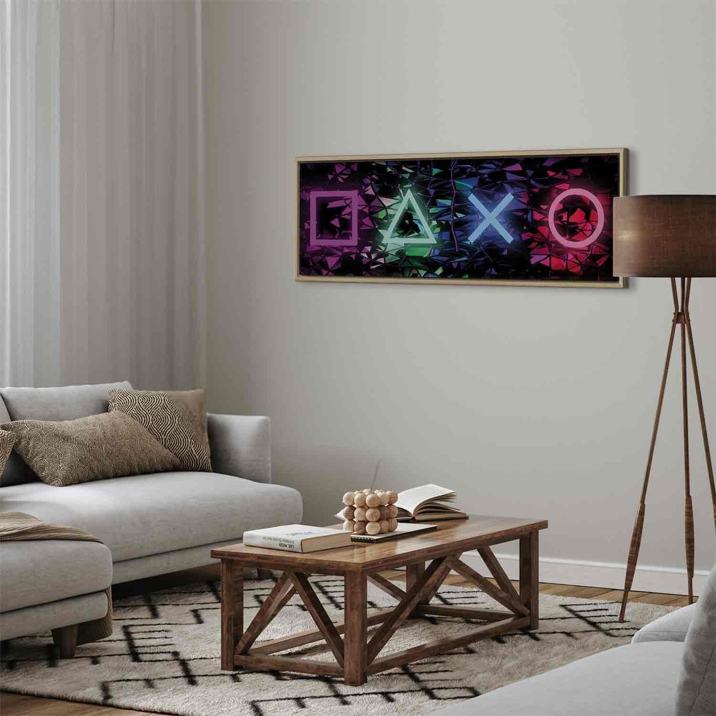 Colorful "Leinwandbild - Fun Symbols" canvas art in modern living room setting.