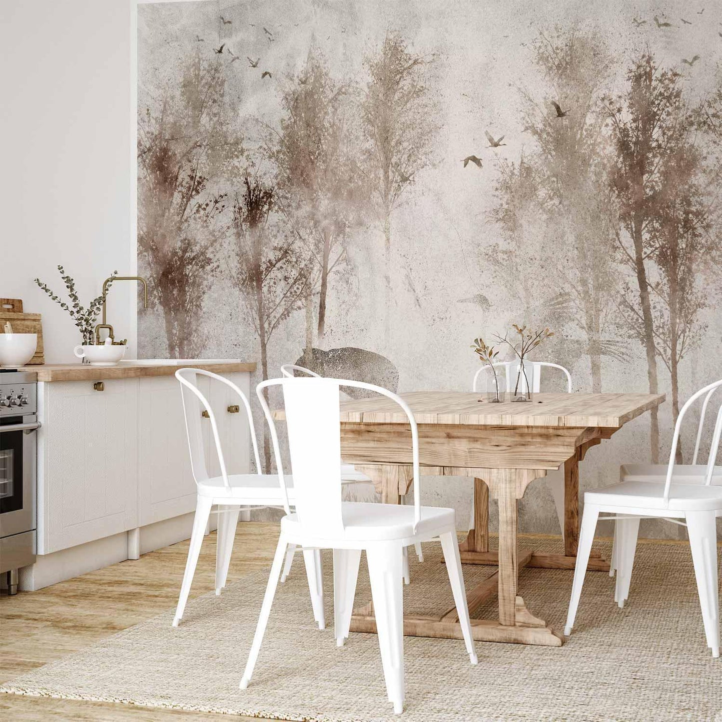 Fototapete - Among the trees - landscape in grey tones in fog in a clearing with birds