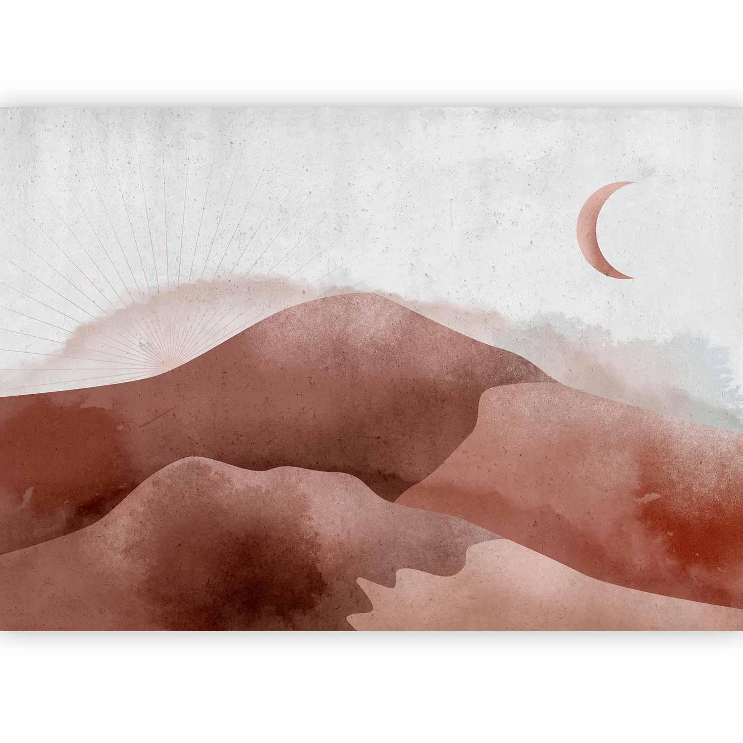 Fototapete - Desert landscape - desert landscape with moon and sunrise Artgeist