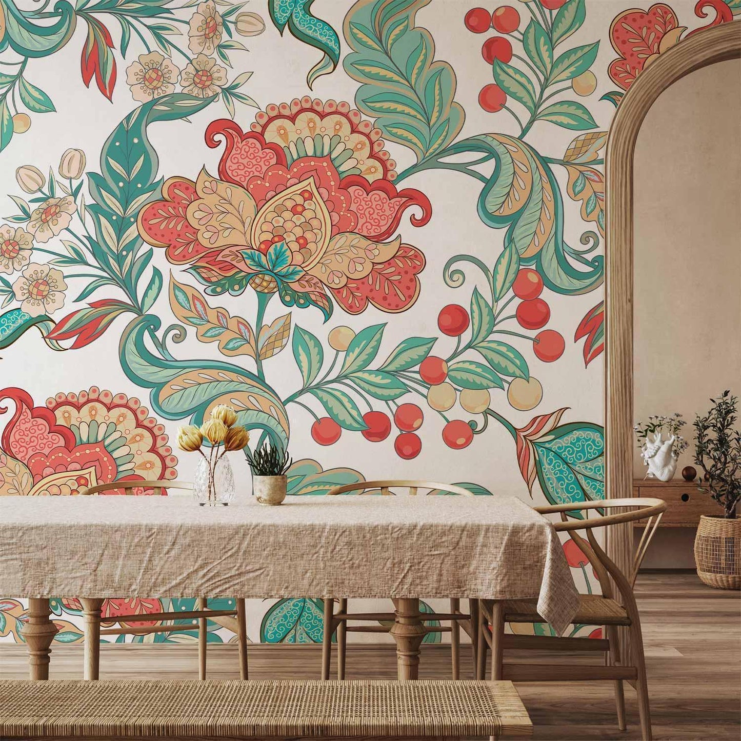 Fototapete - Ethnic vegetation - plant motif with ornaments in coloured flowers