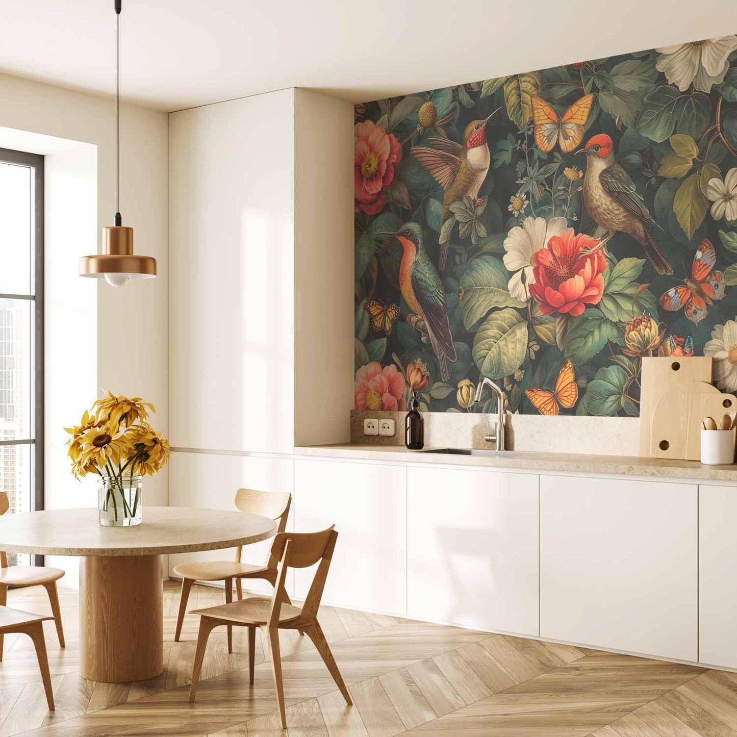 Fototapete - Flowers, birds and butterflies – vintage-style illustration