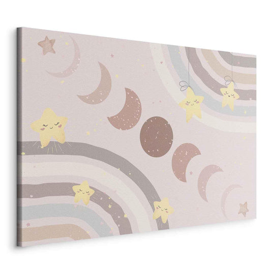 Leinwandbild - Joyful Sky - Yellow Cheerful Stars with a Rainbow Against the Phases of the Moon in a Light Beige Sky Hue Artgeist