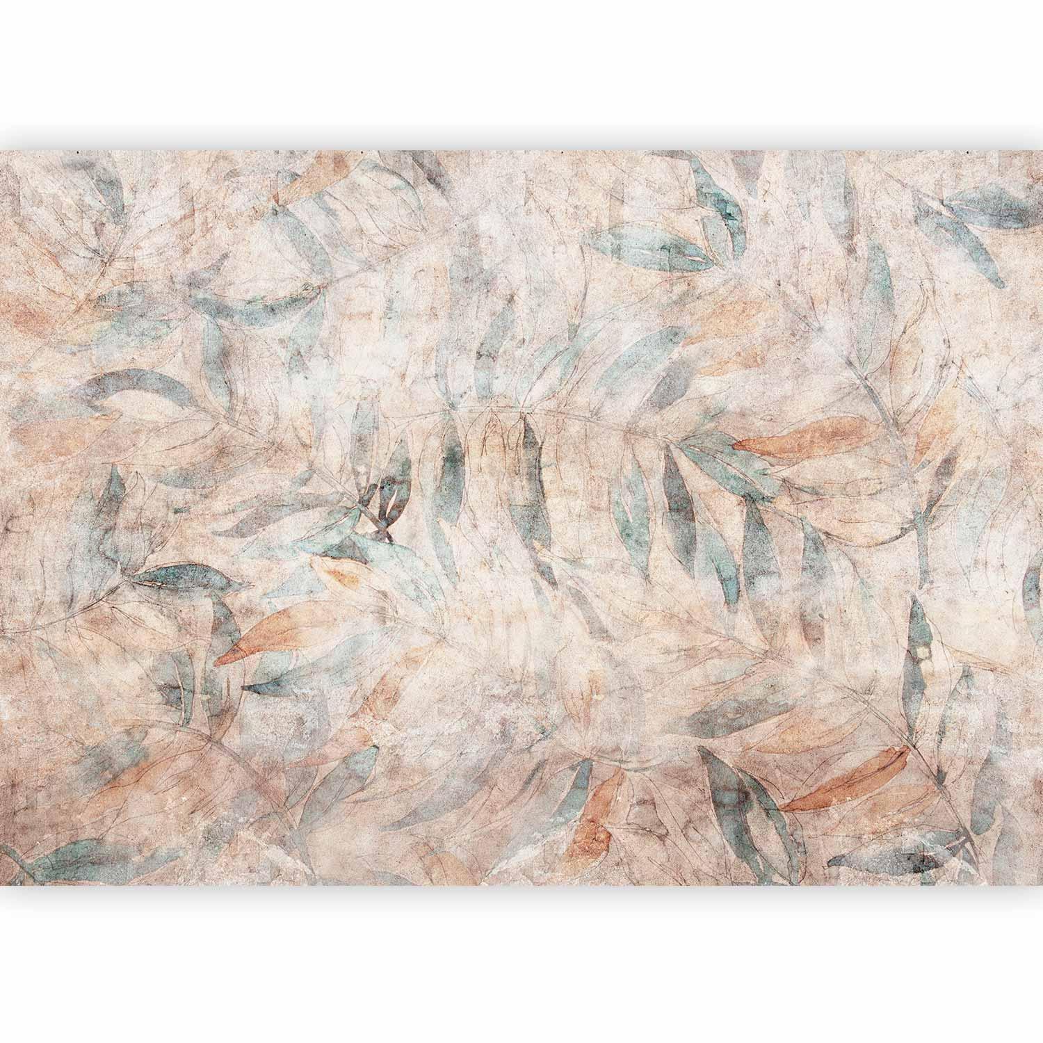 Fototapete - Greek laurels - faded composition with leaves on a beige patterned background Artgeist