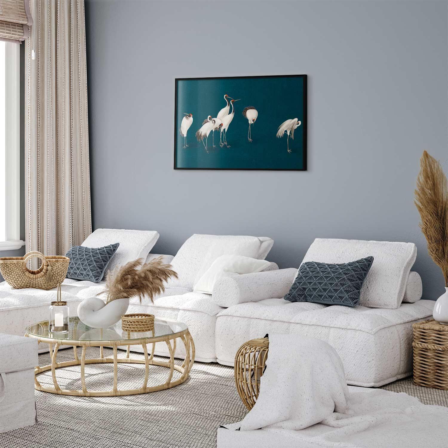 Poster - Evening at the Pond - group of cranes drawn in dry pastel on a dark turquoise background Artgeist