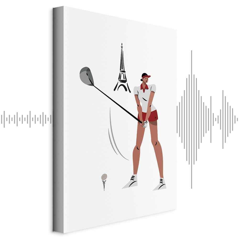 Leinwandbild - Female Golfer With the Eiffel Tower in the Background - Illustration