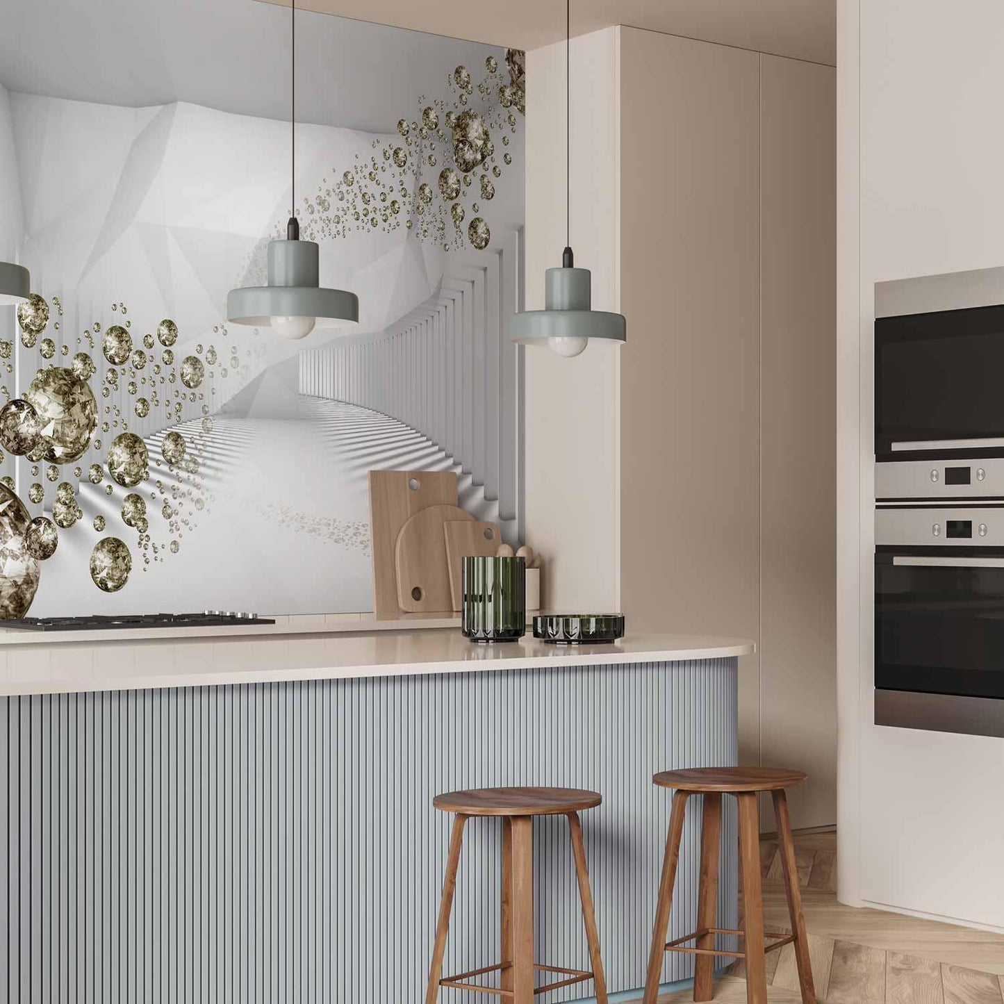 Fototapete Diamant-Kugeln Gold – Schwebende Tropfen mit 3D-Effekt