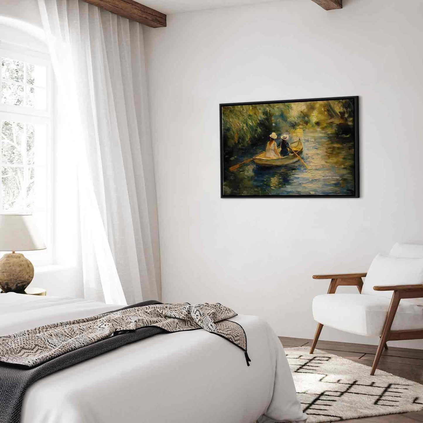 Leinwandbild - Boat crossing - painting of two women sailing a boat on a river