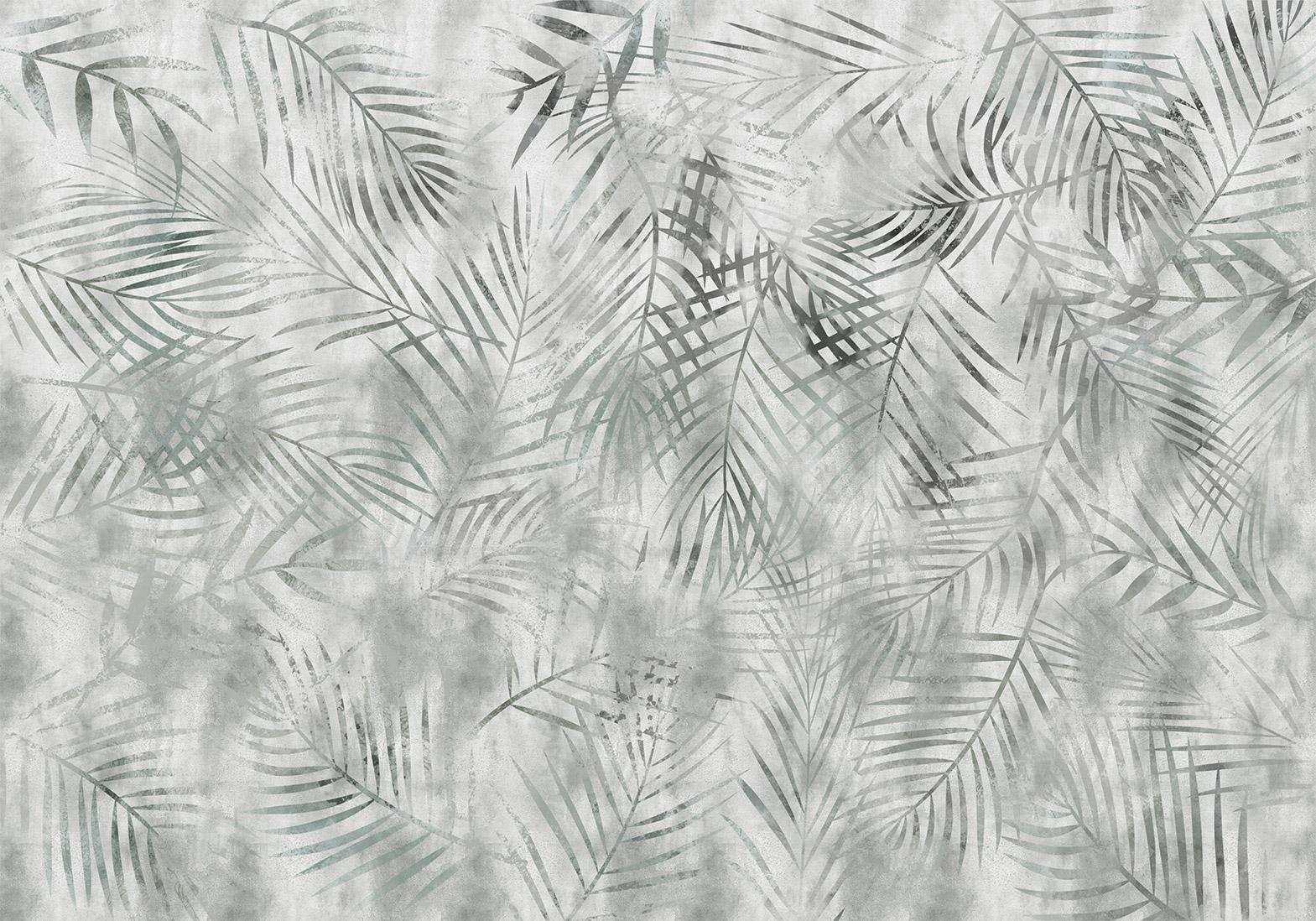 Fototapete - Minimalist landscape - nature motif with grey exotic leaves Artgeist