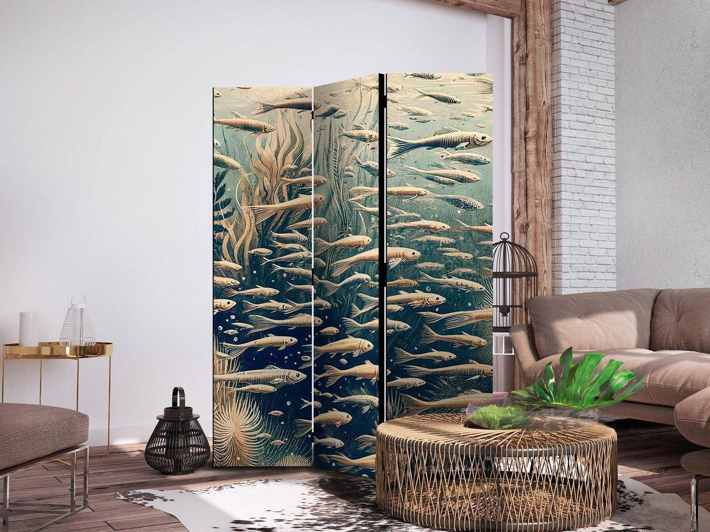 Paravent - Life in the Ocean - Underwater World of Fish and Vegetation in Beige and Navy Colors in Retro Style Artgeist